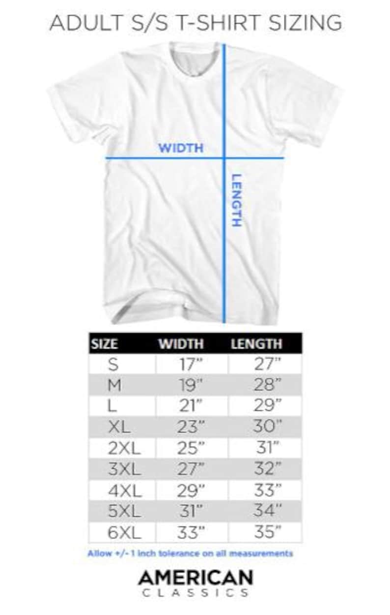 May include: A white short-sleeve t-shirt sizing chart titled ADULT S/S T-SHIRT SIZING. The graphic shows a t-shirt with blue lines indicating width and length measurements. A table lists sizes S through 6XL with corresponding measurements in inches.