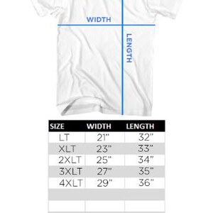 May include: White adult tall t-shirt with sizing information. The image includes a size chart with width and length measurements in inches for sizes LT to 4XLT. The text "ADULT S/S TALL T-SHIRT SIZING" is at the top, and the brand logo "AMERICAN CLASSICS" is at the bottom.