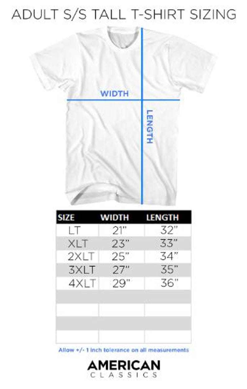 May include: White adult tall t-shirt with sizing information. The image includes a size chart with width and length measurements in inches for sizes LT to 4XLT. The text "ADULT S/S TALL T-SHIRT SIZING" is at the top, and the brand logo "AMERICAN CLASSICS" is at the bottom.