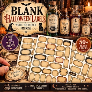 May include: A collection of printable blank Halloween labels featuring various decorative borders and shapes. The sheets include over 50 labels with vintage-style frames, some with bat or moon motifs, designed for writing custom potion names.