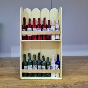 Miniature Wine Rack with 16 Bottles – 1:12 Scale Dollhouse Miniature – Mini Bar Decor – Handmade Mini Wine Shelf – Diorama Accessory