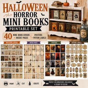 May include: A printable set of 40 Halloween horror mini books, including book covers, inside pages, posters, and potion labels. The set features vintage-style illustrations of witches, pumpkins, bats, and skulls on aged paper backgrounds.
