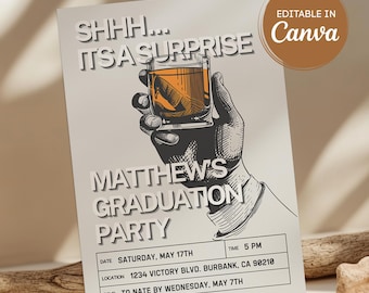 Men’s Party Invitation | Whiskey Illustration Invite | Editable Canva Template