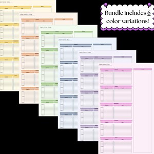May include: A bundle of six weekly planner templates in various pastel colors: yellow, orange, green, blue, purple, and pink. Each planner features a layout for scheduling daily activities and includes the text "Weekly Planner". The text "Bundle includes 6 color variations!" is also visible.
