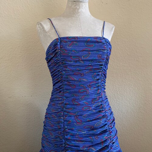 Vintage 1980s designer Efren Ocampo shops blue striped paisley draped spaghetti straps drop waist accordion pleats dress size XS S