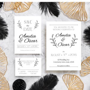 Elegant Wedding Invitation Template Bundle/ Save the Date, RSVP Wedding Invite/ Black & White Minimalist/  Printable Canva Download