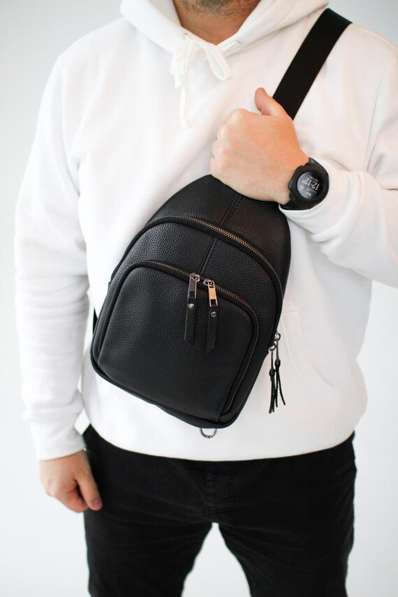 Mens Leather Sling Bag: Black Cowhide Crossbody Chest Bag - Etsy display picture 3