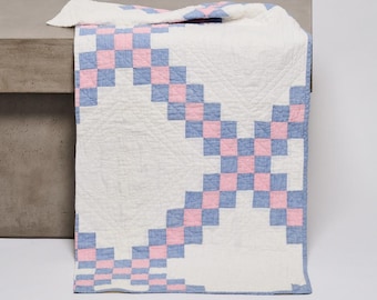 Irish Chain Cotton Quilt Piece Pink and Blue Houndstooth Check 1930s 19x42