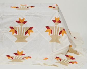 19c Antique Primitive Turkey Red Carolina Lily Cotton Quilt Top 60x60