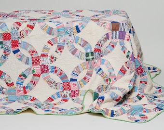 Mid Century Double Wedding Ring Cotton Small Quilt