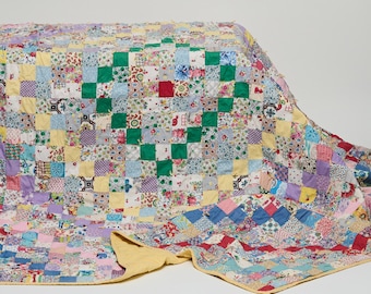Mid Century Tied Trip Around the World Cotton Quilt 1930s to 1950s