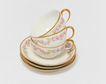 Antique Limoges France Pink Rose Tea Cup and Saucer Trio