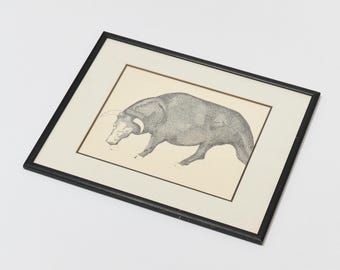 Pastoral Rustic Framed Original Cross Hatched Pen and Ink Bull Drawing 1990s