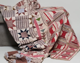 Antique Distressed Ohio Star + Log Cabin Double Sided Cotton Quilt