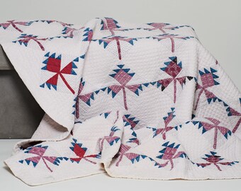 Antique Indigo and Burgundy Americana Cotton Utility Quilt Red White and Blue