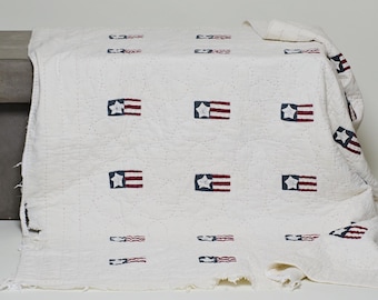 Primitive Distressed American Flag Cotton Hanger Quilt 1940s Mid Century 49x57