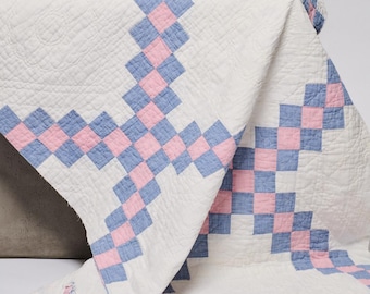 Irish Chain Cotton Quilt Piece Pink and Blue Houndstooth Check 1930s 28x45