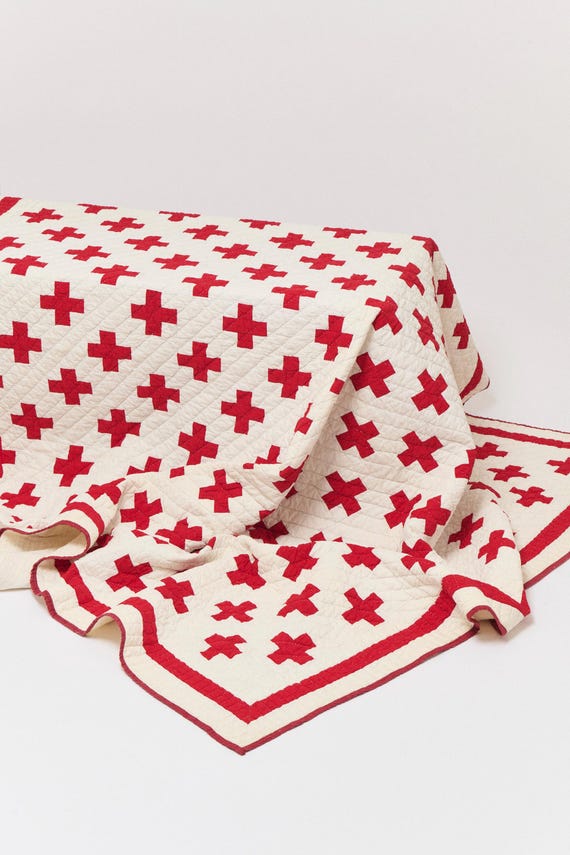 Handmade Red & White Cotton Cross Quilt Mid Century
