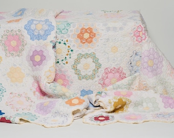 Tattered Grandmothers Flower Garden Cotton Cutter Quilt 1930s to 1940s