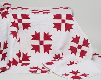 Handmade Red and White Bear Paw Cotton Quilt Mid Century