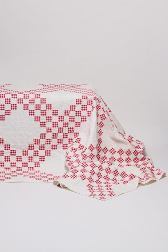 Handmade Red and White Gingham Triple Irish Chain Cotton Cutter Quilt 1940s