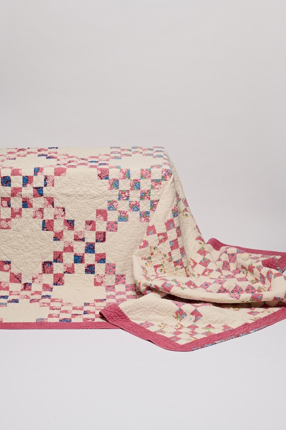 Handmade Floral Double Irish Chain Cotton Quilt Mid Century