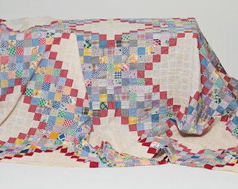 Irish Chain Postage Stamp Cotton Quilt Top 1930s to 1940s