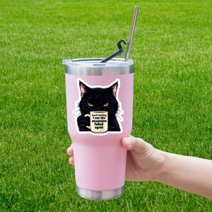 May include: A pink insulated tumbler with a black cat sticker holding a coffee mug. The sticker reads "Good morning, I see the assassins failed again." A silver straw and black straw tip are inserted into the lid. The tumbler is held against a green grass background.