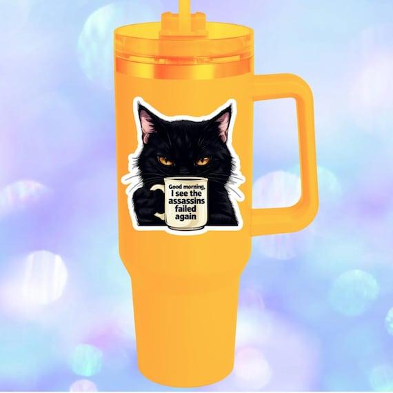 Black Cat Coffee Meme Sticker, Funny Introvert Humor Decal, Dishwasher Safe Vinyl