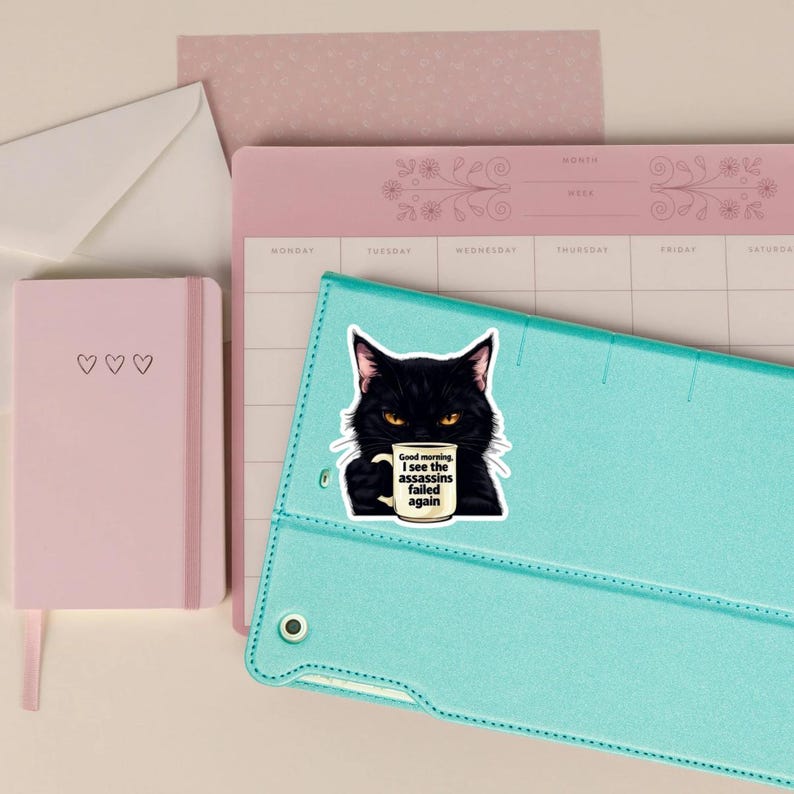 May include: A sticker featuring a black cat holding a coffee mug with the text "Good morning, I see the assassins failed again." The sticker is on a teal tablet case, with a pink notebook and calendar in the background.