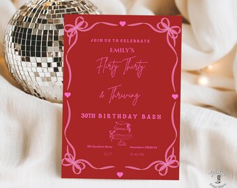 Flirty Thirty Birthday Invitation – 30th Birthday Bash – Editable Red & Pink Template