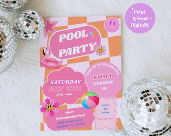 Editable Pool Party Invitation | Y2K Birthday Invite for Girls | Summer Swim Party | Pink Canva Template | Instant Download