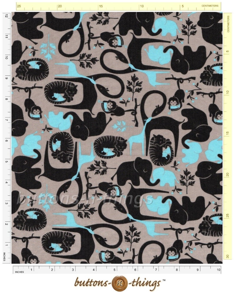 May include: Fabric with a repeating pattern of black stylized animals, including elephants, monkeys, and tigers, on a tan background. Light blue shapes and small tree branches fill the spaces between the animals. The fabric is marked with inches and centimeters.