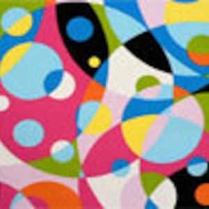 May include: Abstract artwork featuring overlapping circles in various colors, including pink, blue, yellow, and black. The design incorporates a mix of solid and transparent elements, creating a dynamic and visually engaging composition. The artwork is a vibrant display of geometric shapes.