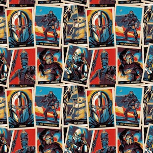 May include: A digital collage of vintage-style trading cards featuring characters from the Star Wars series The Mandalorian. The cards feature images of the Mandalorian, The Child, and other characters from the show. The cards have a blue, red, and white color scheme.