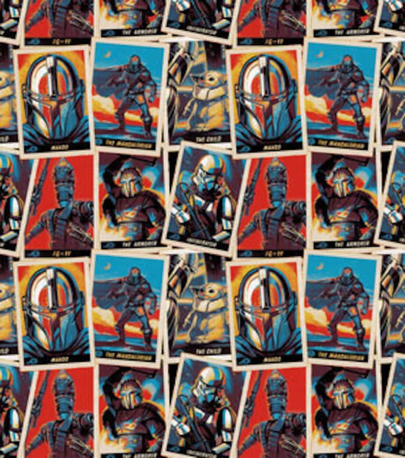 May include: A digital collage of vintage-style trading cards featuring characters from the Star Wars series The Mandalorian. The cards feature images of the Mandalorian, The Child, and other characters from the show. The cards have a blue, red, and white color scheme.