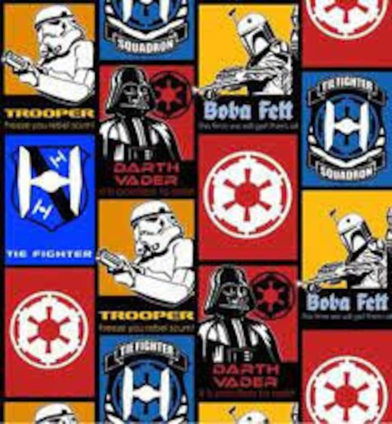 May include: A colorful patchwork design featuring Star Wars characters and symbols. The characters include Darth Vader, Boba Fett, and a Stormtrooper. The symbols include the Imperial logo and the TIE Fighter logo. The text on the design includes "Trooper", "The Fighter", "Darth Vader", and "Boba Fett".