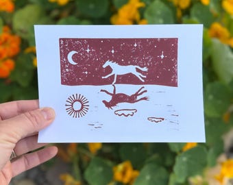 Sun Moon Cantering Horse Linocut, Equestrian Art, One Print (5x7), Maroon Lino Print