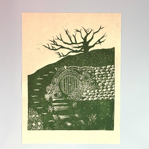 Hobbit Hole Block Print, Lino Cut Original Art 9x12, LOTR Artwork