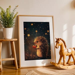 Igel mit Herz Wandbild - Wunderliche Nachtszene Kinderzimmer Druck, süßes Tier mit Herz, Sternenhimmel Kinderzimmer Dekor, digitaler Download