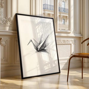 Arte de pared con dibujo a lápiz de grulla de papel de origami, pájaro geométrico minimalista, descarga digital, póster imprimible, decoración para guardería, sala de estar, oficina