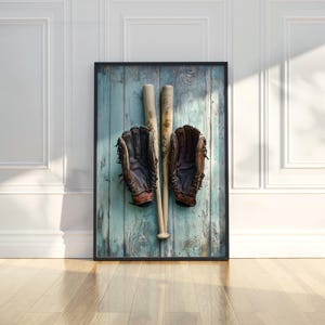 Rustic Baseball Wall Art Print Bats Gloves Vintage Sports Photography Home Decor Man Game Room Kids Bedroom Gift for Him Digital Download