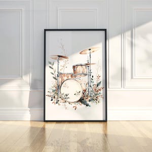 Watercolor Drum Kit Print: Boho Floral Music Room Decor (Digital Download)