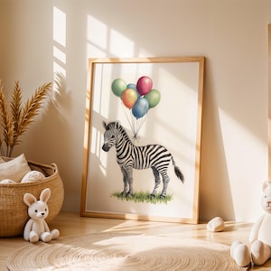 Cute Baby Zebra Balloon Nursery Wall Art Print Whimsical Safari Animal Illustration Jungle Theme Kids Playroom Baby Room Home Decor Gift