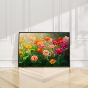 Colorful Zinnia Flower Garden Bloom Wall Art Print Landscape Oil Painting Printable Trendy Floral Poster Modern Home Decor Digital Download