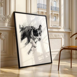 Border Collie Wall Art Print Black and White Pencil Sketch Running Dog Trendy Pet Poster Retro Animal Modern Home Decor Digital Download