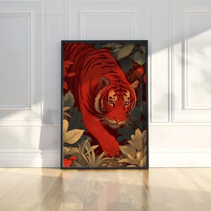 Boho Tiger Botanical Animal Painting Printable Trendy Asian Japanese Poster Wall Art Print Modern Home Decor Artwork Digital Download Gift