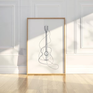 Minimalistische abstrakte Gitarre Musik Line Art Bleistift Skizze Zeichnung druckbare trendige Poster Wand Kunst Druck moderne Wohnkultur digitaler Download