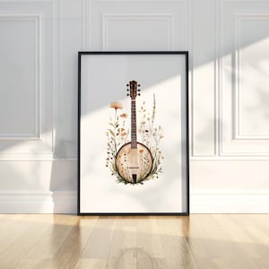 Watercolor Boho Banjo Music Instrument Wall Art Print Floral Painting Printable Trendy Poster Modern Home Decor Digital Download Gift Idea