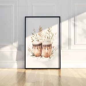Watercolor Boho Conga Drums Music Instrument Wall Art Print Floral Painting Printable Trend Poster Modern Rustic Home Decor Digital Download
